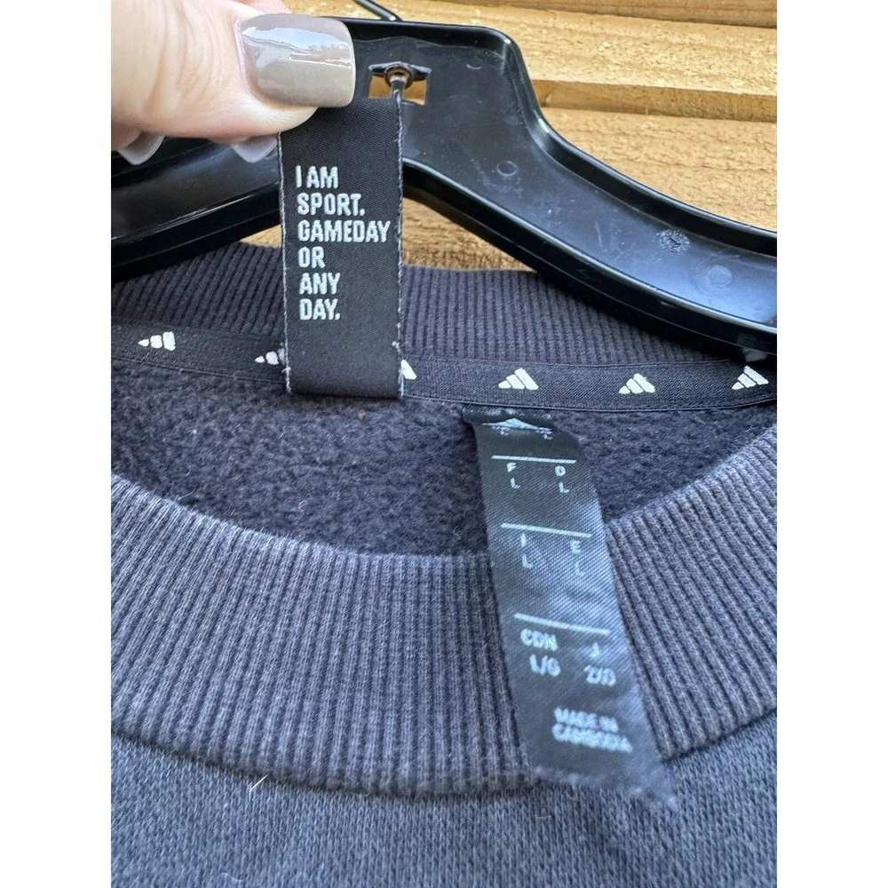 Adidas Three Stripes Black Sweatshirt With White Logo Words On Sleeves Size Larg